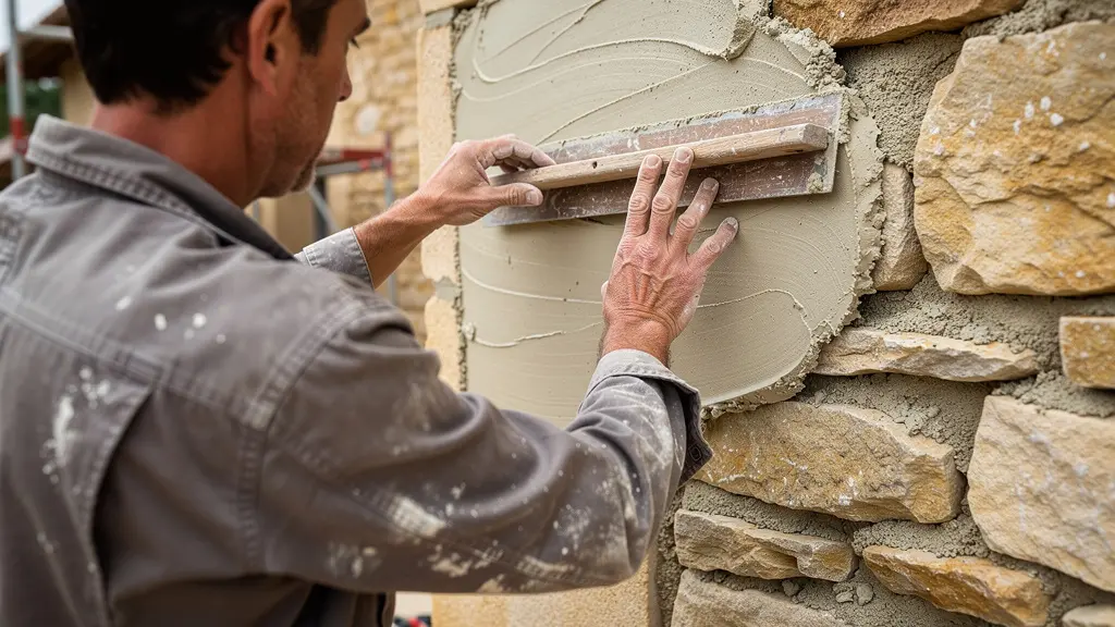 Artisan maçon appliquant un enduit à la chaux traditionnel sur mur en pierre de mas provençal