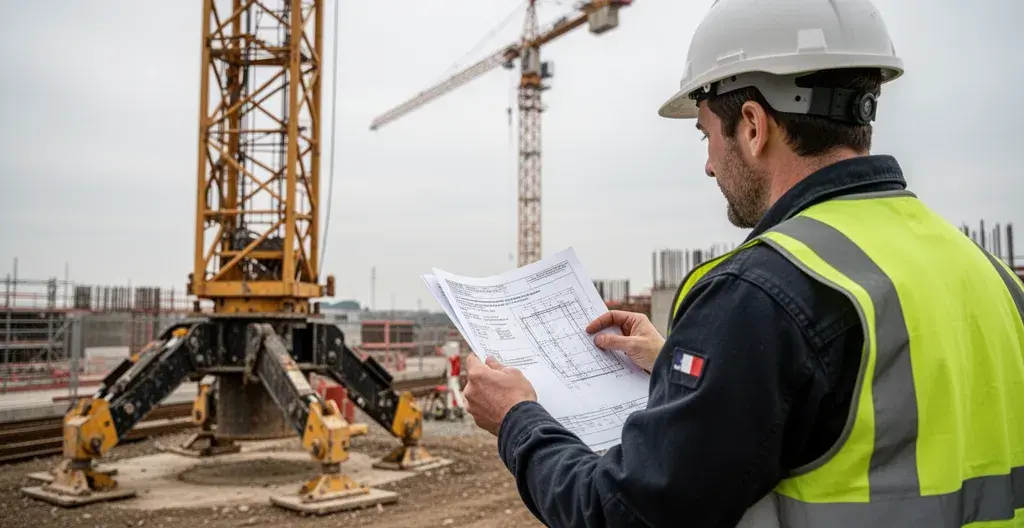 Conducteur de travaux consultant un plan d'installation près de la base d'une grue de chantier