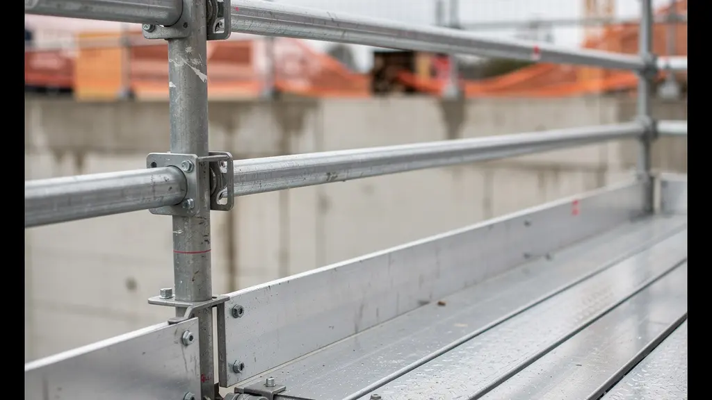 Détail garde-corps échafaudage avec lisse intermédiaire et plinthe de sécurité