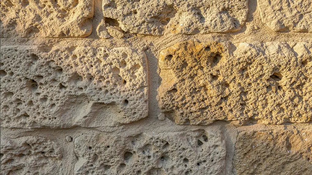 Détail de mur en pierre calcaire du Luberon avec joints à la chaux traditionnels patinés