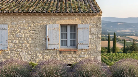 Façade authentique d'un mas provençal en pierre calcaire avec volets bleus patinés et lavandes au premier plan