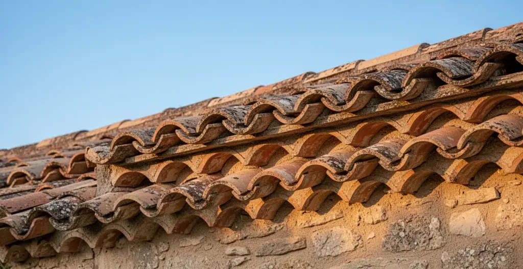 Génoise provençale restaurée avec rangées de tuiles canal sur toiture de mas