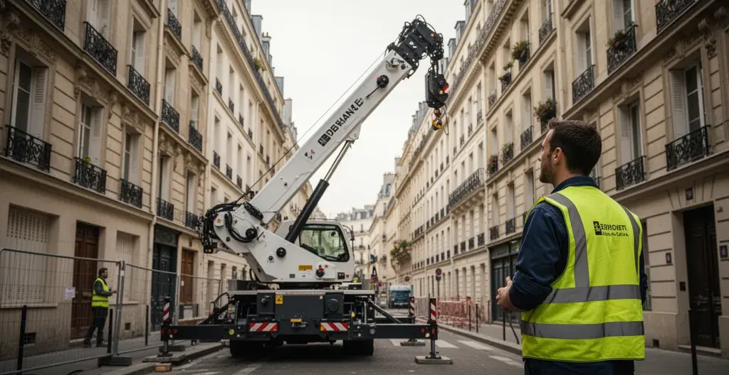 Grue à montage rapide compacte positionnée dans une ruelle étroite de chantier urbain