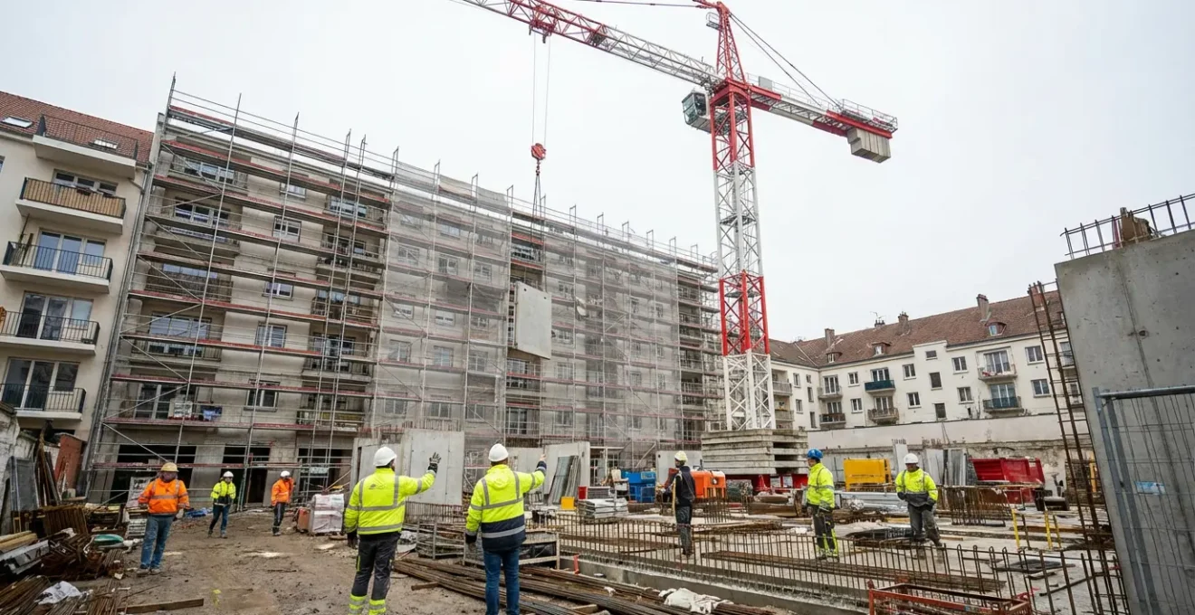 Grue à tour moderne en rotation sur chantier de construction résidentiel urbain
