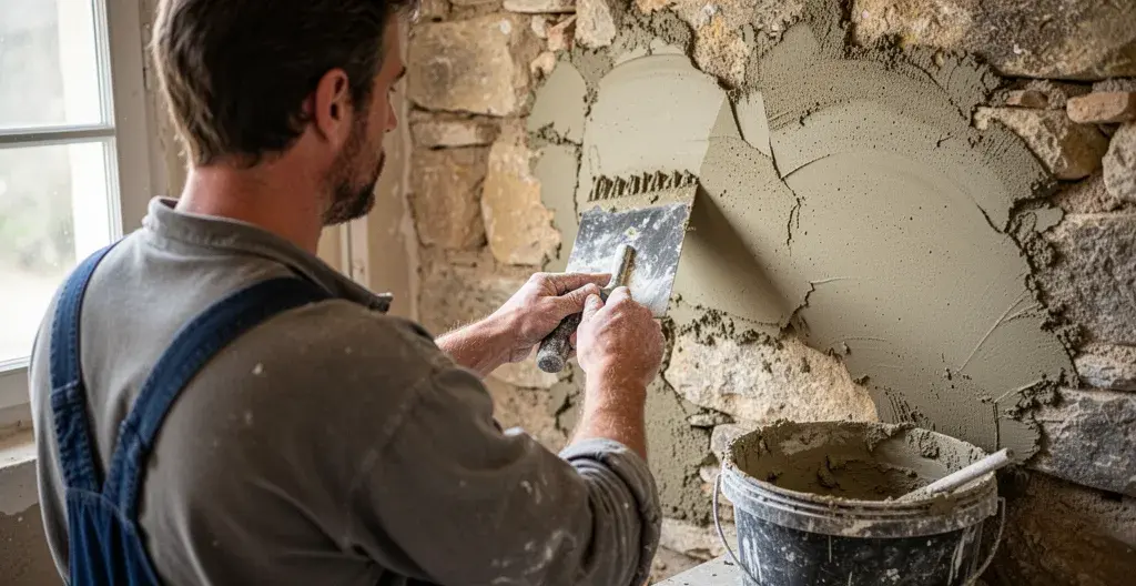 Maçon appliquant un enduit à la chaux sur mur en pierre de mas provençal