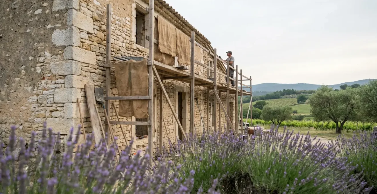 Mas provençal en pierre avec échafaudage de rénovation et artisan visible