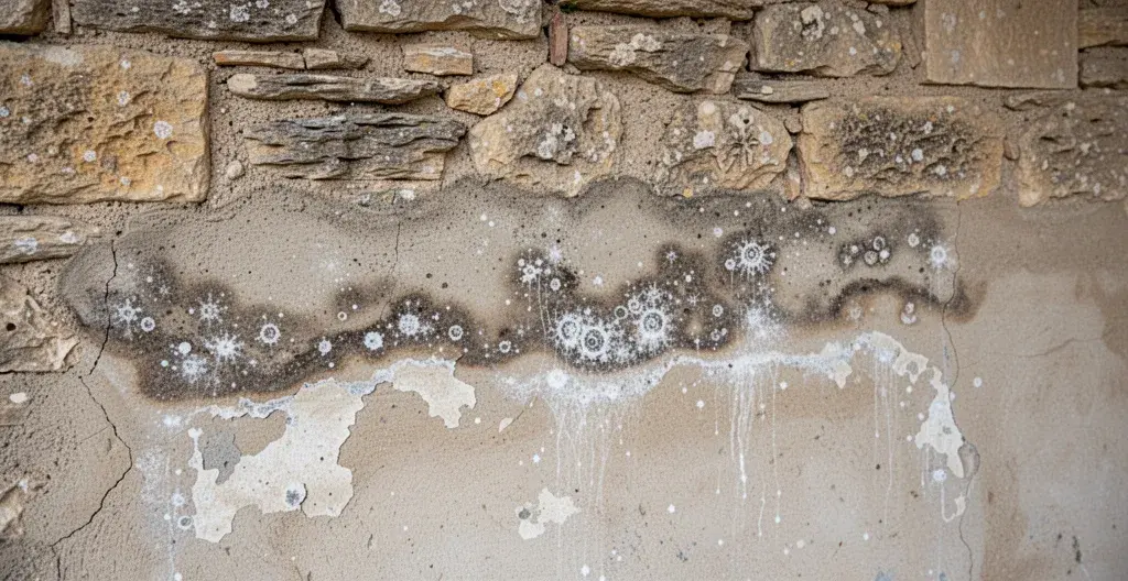 Mur en pierre de mas provençal montrant traces de remontées capillaires et salpêtre