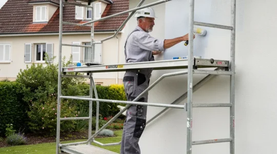 Artisan travaillant sur échafaudage de façade avec garde-corps de sécurité