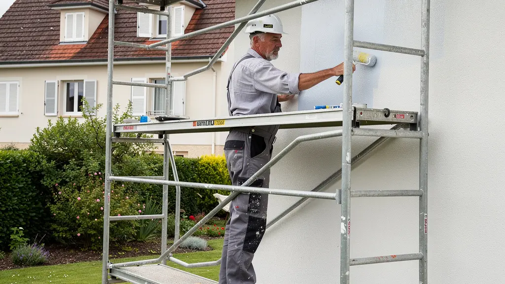 Artisan travaillant sur échafaudage de façade avec garde-corps de sécurité