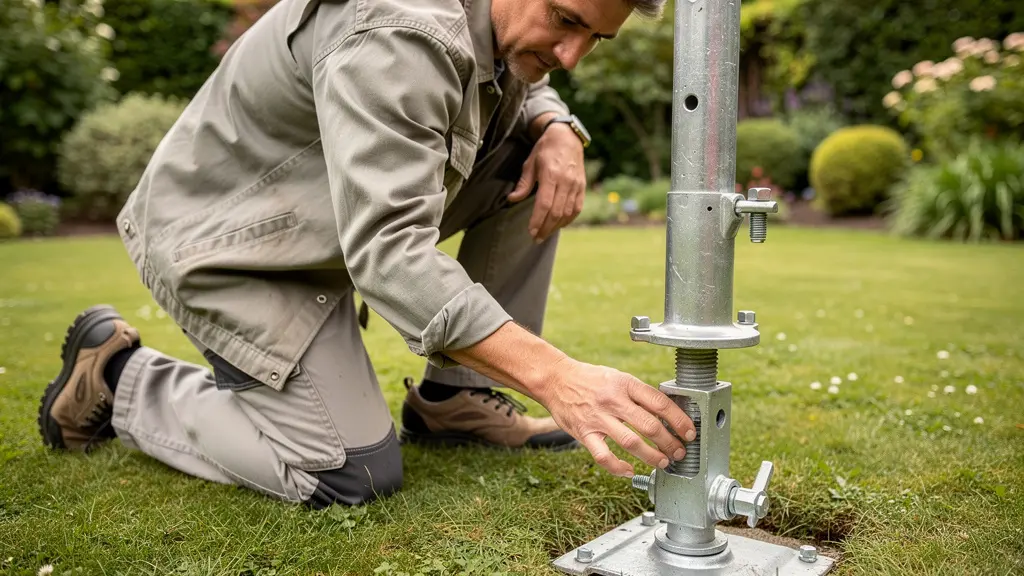 Vérification stabilité pied échafaudage avec vérin de réglage sur terrain