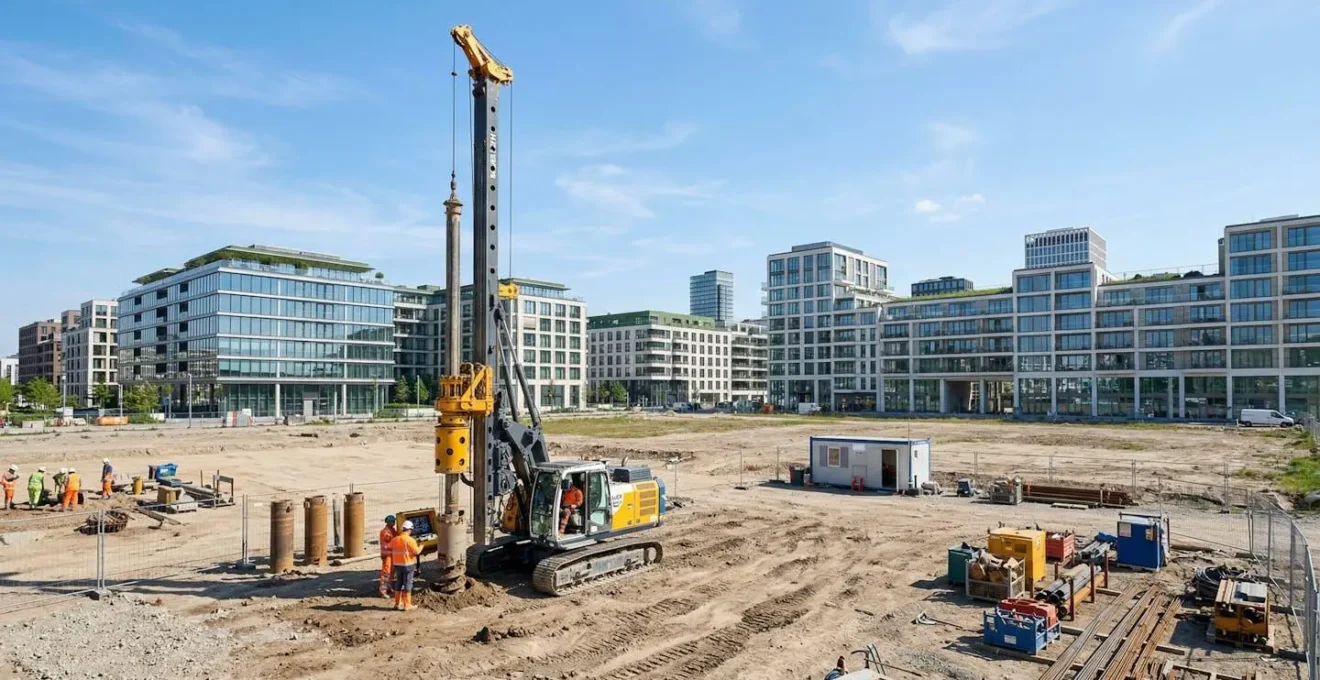 Engin de forage géotechnique positionné sur un terrain non bâti avec des bâtiments résidentiels contemporains en arrière-plan