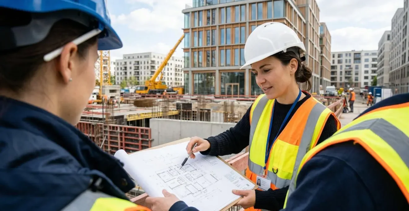 Deux professionnels du BTP examinent ensemble un document technique sur un chantier de construction en plein air