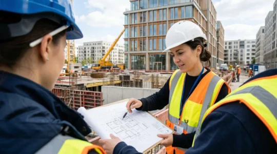Deux professionnels du BTP examinent ensemble un document technique sur un chantier de construction en plein air