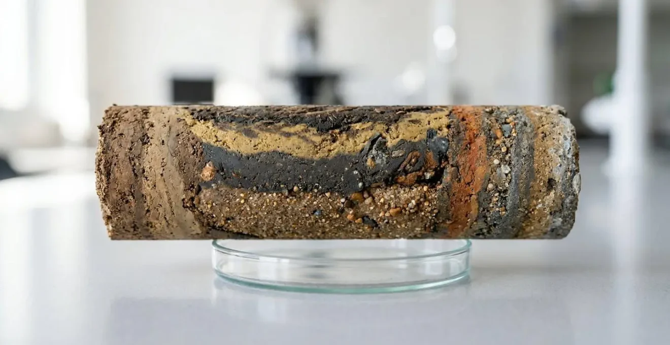 Gros plan sur un échantillon cylindrique de sol prélevé lors d'un sondage géotechnique avec différentes couches visibles