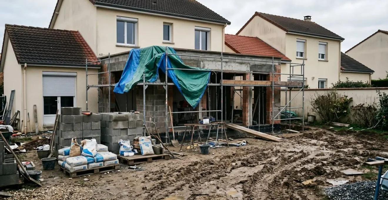 Chantier d'extension traditionnelle en cours avec matériaux et désordre visible