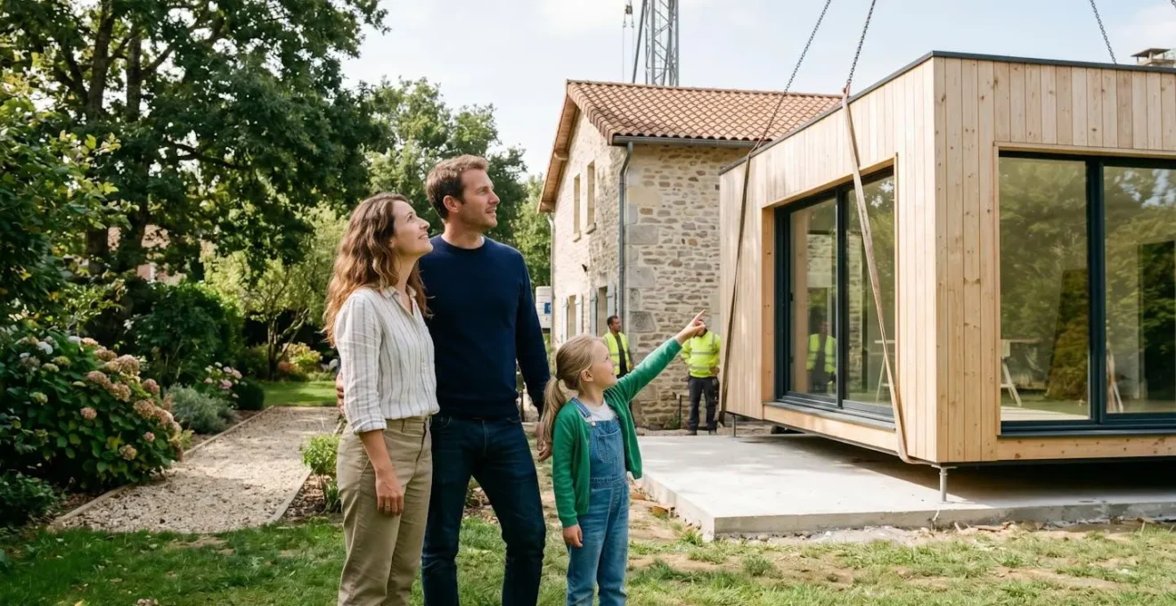 Famille installant un module d'extension préfabriqué dans leur jardin