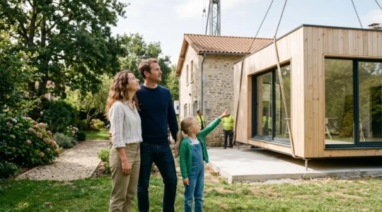 Famille installant un module d'extension préfabriqué dans leur jardin