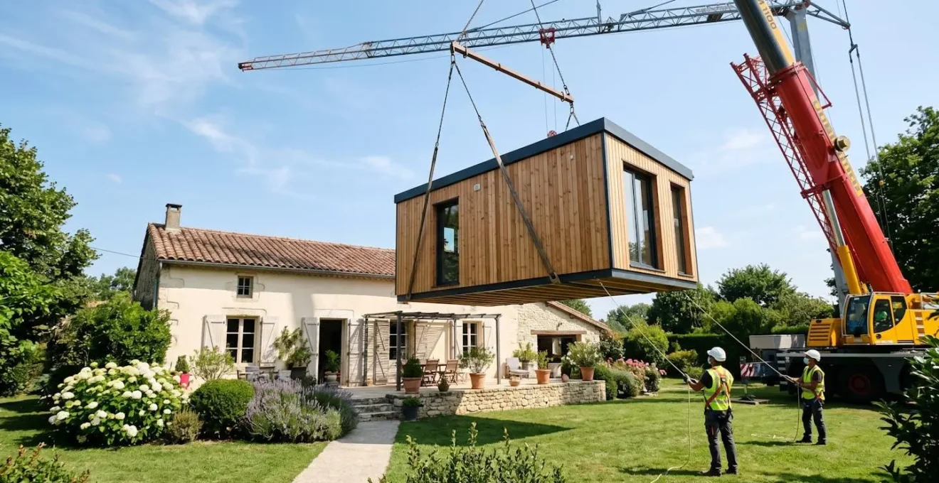 Module d'extension en bois suspendu par une grue au-dessus d'un jardin résidentiel